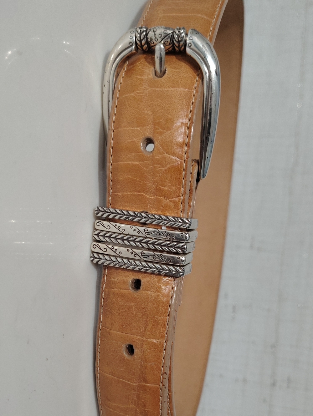 Brighton VTG Western Tan Leather Belt - Silver Filigree Accents Women's Sz S 28